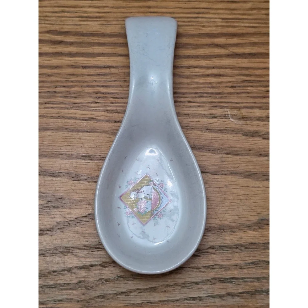 Vintage White Ceramic Stoneware Spoon Rest Cat Farmhouse Folk Art